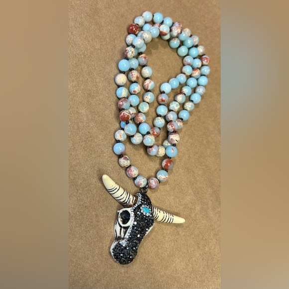 8mm Natural Imperial Jasper Stone Beads, Pendant Features Bling Oxen Head 🐂 - Picture 7 of 8